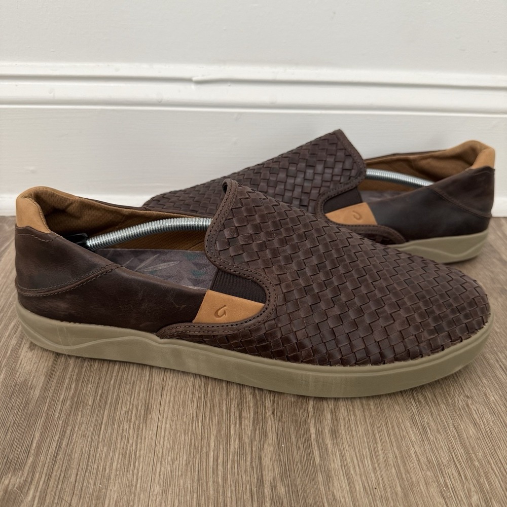 OluKai Lae'ahi Lauhala Leather Braided Slip On Shoe Dark Brown Mens 14 Drop Heel